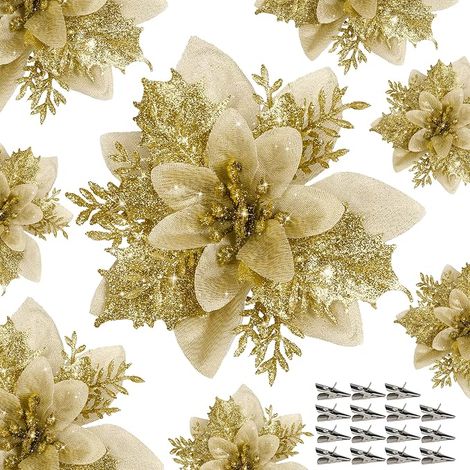 Lot de 15 poinsettias artificiels dorés avec clips - Décoration de Noël - Poinsettias pailletés - Décorations de Noël - Décorations florales pour sapin de Noël avec tiges - Couronne de Noël à faire so (1/5)