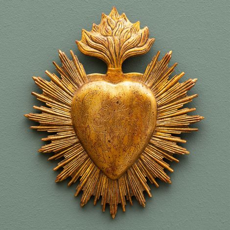 Ex-voto coeur  flamme résine doré 24x21x1cm (1/2)