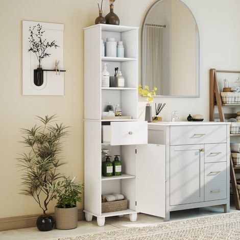 Armoire de Salle de Bain Haute 172 cm Armoire Étroite sur Pied avec 3 Étagères Ouvertes 1 Tiroir 1 Porte Meuble de Rangement Blanc (1/3)