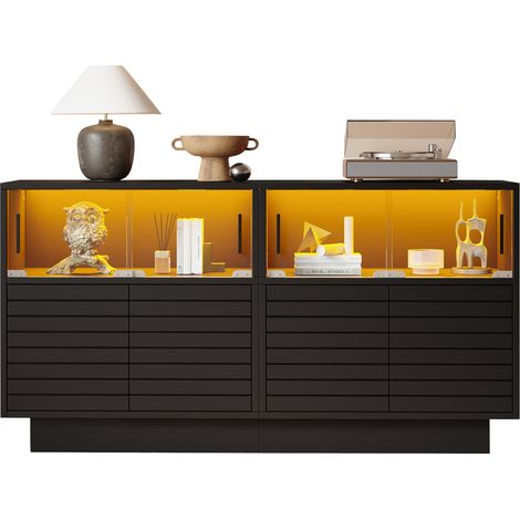 Buffet moderne 130x35x68cm avec 2 vitrines lumineuses, 4 compartiments spacieux, portes vitrées, meuble d'appoint LED, armoire de salon haut de gamme