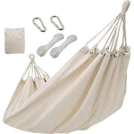 Hamac de jardin en coton avec cordes et mousquetons résistants pour jardin, patio, camping, extérieur ou intérieur, supporte jusqu'à 150 kg, 150 x 260 cm (1/4)