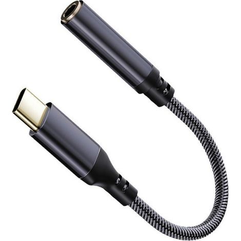 Câble adaptateur stéréo universel de type C avec prise jack 3,5 mm et contacts plaqués or pour une connexion optimale des casques et des haut-parleurs. Noir. (1/5)