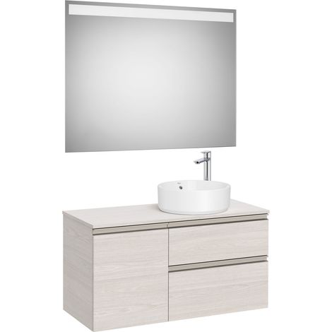 Pack meuble "The gap" 1000 pour vasque à droite - 2 tiroirs +1 porte + plan + miroir LED - frêne nordic/poignées nickel mat - Roca (1/2)