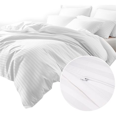 Bettwäsche-Set 160x200 Satin 100% BAUMWOLLE weiß mit klassischen Streifen (1/5)