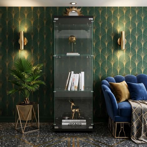 Vitrine en Verre pour Collection, Armoire de Collection Moderne à 3 Couches avec 1 Porte, Meuble Vitrine Verre avec LED, pour Chambre, Salon, 42x36x125cm, Noir (1/5)