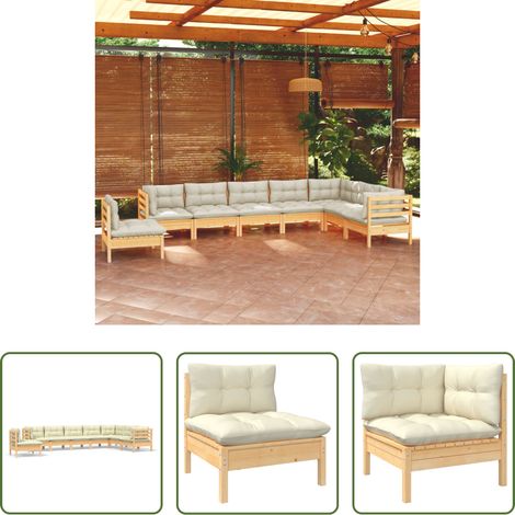 Terrassensofa - 8-tlg. Garten-Lounge-Set mit Creme Kissen Massivholz Kiefer (1/5)