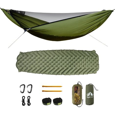 Hamac d'extérieur Night Cat avec moustiquaire : Hamac de camping XXL léger avec matelas gonflable pour 1 personne – Idéal pour les voyages, la randonnée et les activités de plein air, vert (1/5)