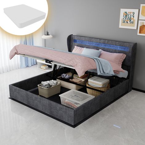 Lit Coffre Rembourré 160x200 cm avec Matelas et Tête de Lit LED Tissu Métal Gris - PANGIVO (1/5)