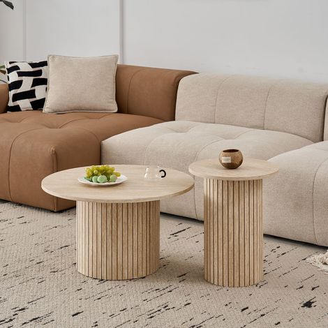 Wokaka Mesa auxiliar baja redonda - lote de 2 mesas auxiliares bajas anidadas - Natural - MDF - Color travertino amarillo - 50/70 cm