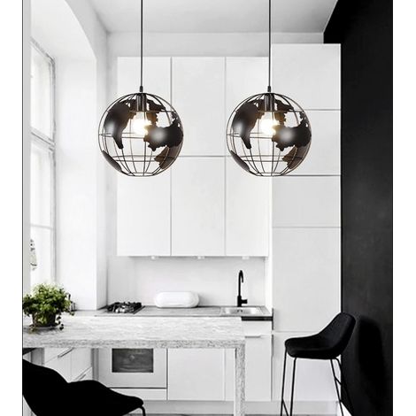 Lampadario a sospensione mappamondo E27 in metallo nero bianco sfera globo sospeso Nero