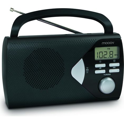 Radio Portable à Pile FM/AM, Tuner Affichage Digital, Poste avec Poignée de Transport Rabattable, Facile d'Utilisation, Fonction Heure & Alarme, Secteur ou Piles - Noir (1/5)