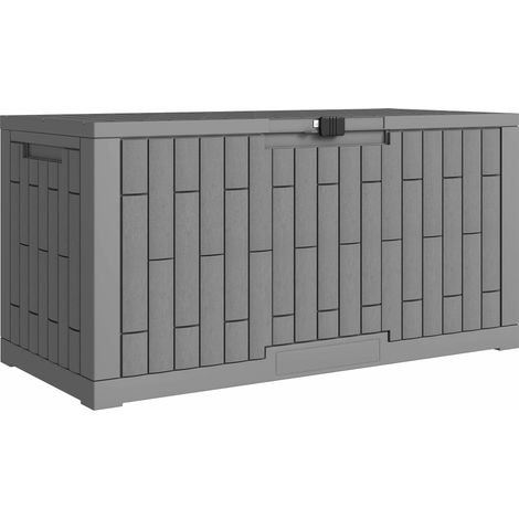Coffre de Rangement Extérieur 379 L Verrouillable avec Vérin à Gaz, Aspect Bois, 122,5x56x62cm, Gris