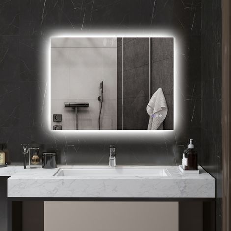 Miroir de salle de bain avec éclairage LED 80 x 60 cm, miroir rétroéclairé réversible avec cadre, antibuée, 3 températures de couleur, intensité réglable, fonction mémoire, en verre et alliage d'alumi (1/5)