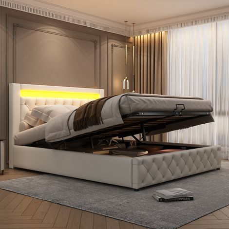 Cama tapizada clásica 160x200 cm en PU blanco con cabecero alto, somier de láminas, arcón y LED (1/5)