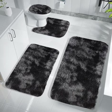 Tapis de bain, lot de quatre - tapis en microfibre ultra-doux et antidérapants, très absorbants et épais, adaptés à la salle de bain et à la cuisine. Noir (1/5)