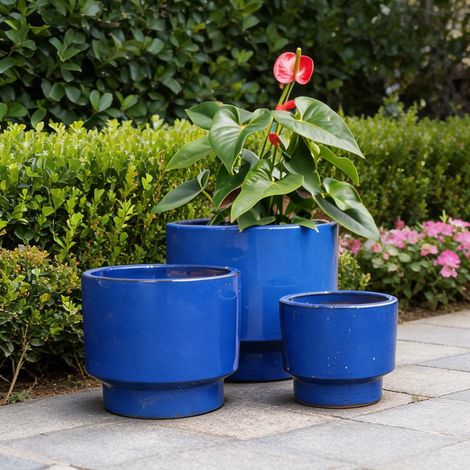 Set de 3 pots en céramique bleue pour plantes diamètres 38,1 (1/5)