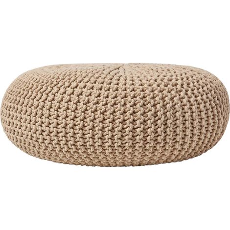 HOMESCAPES Linen Large Round Cotton Knitted Pouffe Footstool (1/5)