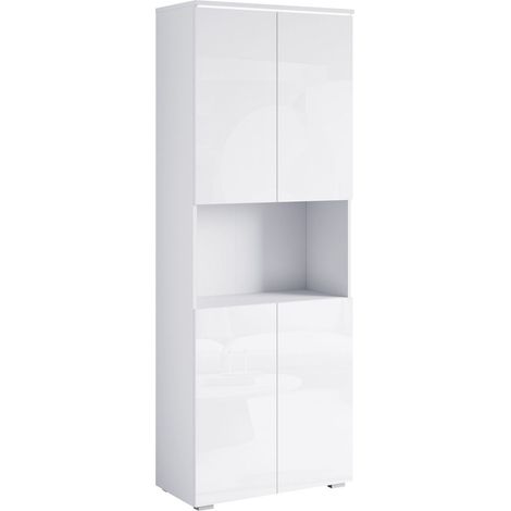 Estantería Mirfivo 106, Blanco + Blanco brillante, Cerrable, Con puertas, Aglomerado laminado, Número de puertas: 0, Número de cajones: 0, 182x68x33cm, LED