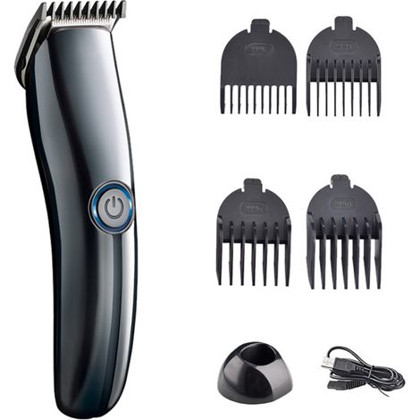 Wiederaufladbarer Haarschneider mit USB-Anschluss, inklusive 3-, 6-, 9- und 12-mm-Aufsatzkämmen und Ständer.