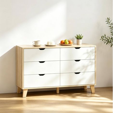 Cómoda de almacenamiento, 120x40x76 cm, 6 cajones, con tablero superior amplio, aglomerado, blanco y roble (1/5)