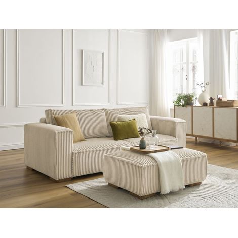 BOBOCHIC - Canapé droit fixe 3 places CHELSEA gros côtelé doux avec pouf Taupe (1/5)