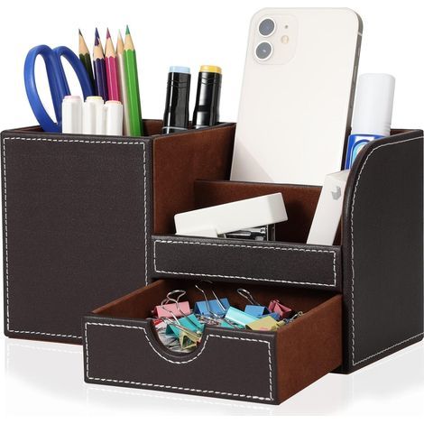 Desk organizer - Desk pen holder - Synthetic leather - Pencil holder - Office accessory - Organizational decoration (brown 2) (1/5)