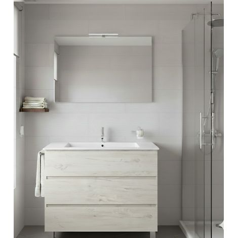 Ensemble Meuble de salle de bain BALDER Livré Monté 3 tiroirs avec pieds, lavabo et miroir Blanc nordique 80x45 cm
