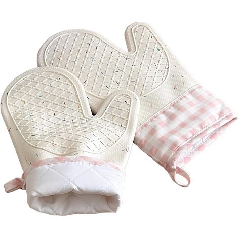 Niedliche Silikon-Küchenhandschuhe mit Konfetti-Muster, ein Paar, BPA-frei, wasserdichte Außenschicht, hitzebeständig und waschbar, mit Baumwollfutter, zum Kochen, Backen und Grillen (2 Stück, rosa).