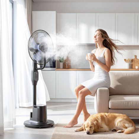 Ventilador nebulizador silencioso de 90 W, ventilador de pedestal de 128 cm con oscilación de 70°, 3 velocidades, 3 modos y temporizador, color negro.