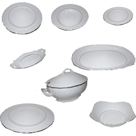 Servizio di piatti in porcellana bianca filo argento tazze tè tazzine caffè caffettiera teiera lattiera zuccheriera zuppiera - Set tavola porcellana: Set 18 piatti per 6 post. tav. (1/5)