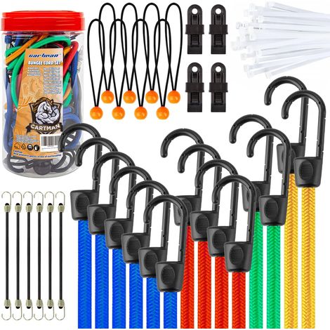 Assortiment de 32 sangles en caoutchouc wxsp en boîte, comprenant des sangles de 10, 18, 24, 32 et 40 pouces avec crochets, des boules de 8 pouces et des pinces à bâche. (1/5)