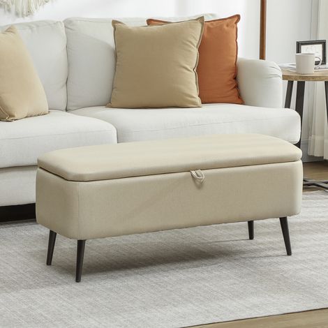 Banc banquette coffre de rangement 2 en 1 en tissu avec pieds en acier noir 102 x 40 x 39.5 cm beige