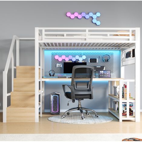 Lit mezzanine 140/200 cm blanc en métal et panneaux de fibres avec bureau et rangements (1/5)