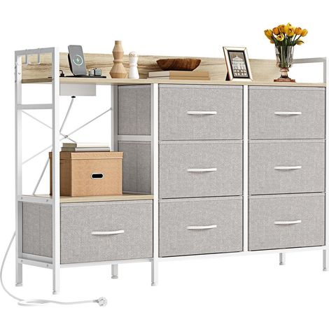 Kommode mit 7 Stoffschubladen, 2 Steckdosen, 2 USB-Anschlüssen, Haken, Off White (1/5)