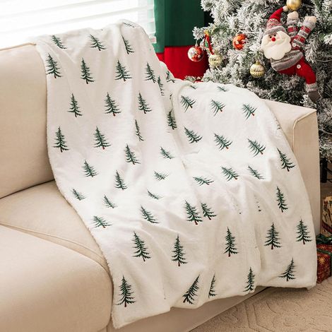 (130x150CM) Couverture de Noël en Fausse Fourrure de Lapin, Couverture Brodée d'un Sapin de Noël Hiver Douce et Chaude Blanc pour Canapé Lit Salon (1/4)
