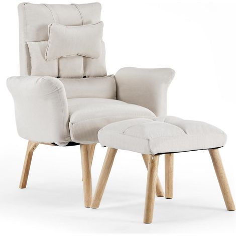 Relaxsessel mit Hocker, 6-fach verstellbar, Baumwolle/Leinen, Creme (1/5)