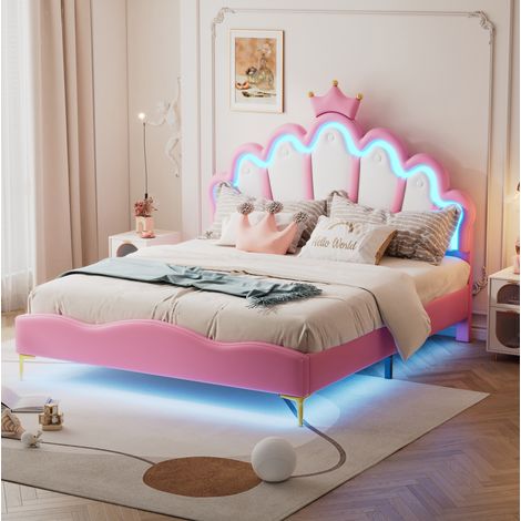 Letto 140x200 cm in Similpelle Rosa, Testiera a Corona Stile Principessa con LED RGB (1/5)
