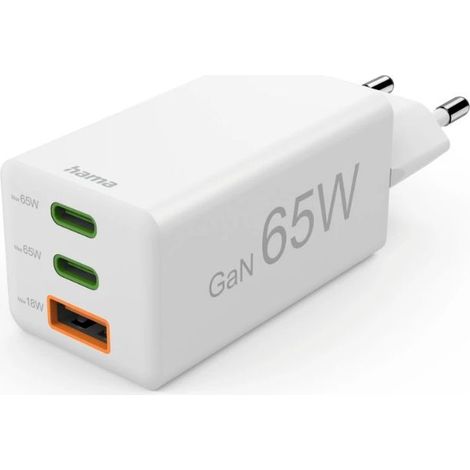 Cargador rápido Hama 00201996 GaN, 2 puertos USB-C, 1 puerto USB-A, mini cargador, PD, 65 W, blanco