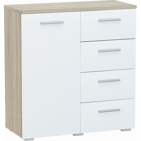 Buffet avec 1 porte et 4 tiroirs Blanc / Sonoma - Meuble de Rangement Style contemporain - 80 x 35 x 84.5 cm (1/2)
