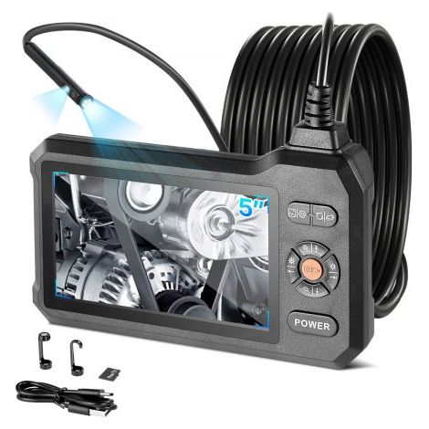 Dual Lens Endoskopkamera mit 5 Zoll Bildschirm, 3000mAh Akku Inspektionskamera mit 5m Kabel 8X Zoom 180° Bildrotation IP67 Wasserdicht, 5,5mm Industrie Endoskop mit Licht für Auto Rohre Abfluss (1/5)