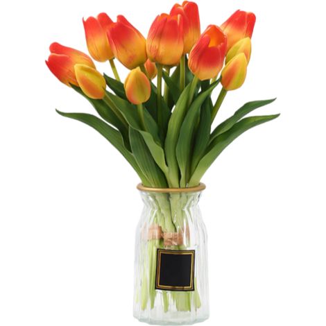 10pc, 10 branches courtes bouquet de tulipes de simulation en caoutchouc souple, décoration de printemps, décoration de salon familial (orange) (1/4)