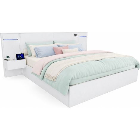 CHICFURN Letto 160x200 cm in MDF bianco con USB, orologio, LED, 2 comodini, senza materasso (1/5)