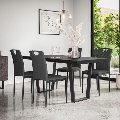Aria Dining Table And Chairs -  Black Table Top w Black Legs + Monza Linen Dining Chair Set Of 4 (Charcoal) (1/5)