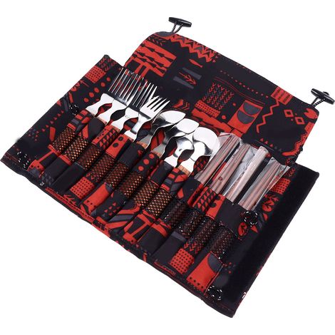 Service de table 12 pièces en acier inoxydable avec manches en bois pour 4 personnes, comprenant cuillères, fourchettes et baguettes, idéal pour les barbecues et le camping. (1/5)