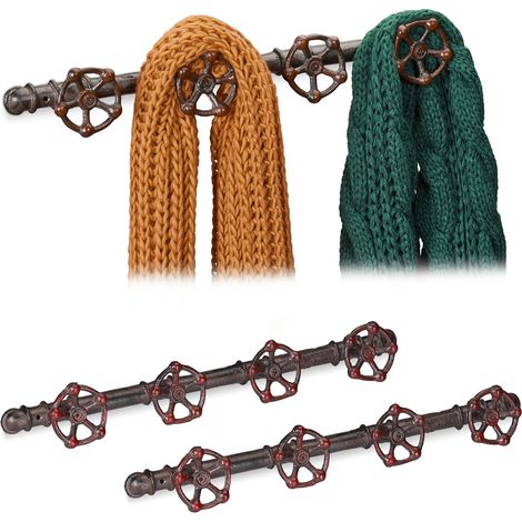 3 x Wandgarderobe Industrial, je 4 Kleiderhaken, Pipeline, Gusseisen Deko, rustikal, HxBxT: 6,5 x 46,5 x 6 cm, braun