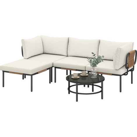 Set de Jardin 5 Pièces, Rotin Composable L avec Coussins, Couleur Kaki (1/5)