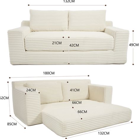 Sofá cama de 2 plazas en pana blanca con memory foam, sin montaje, convertible 2 en 1 (1/4)