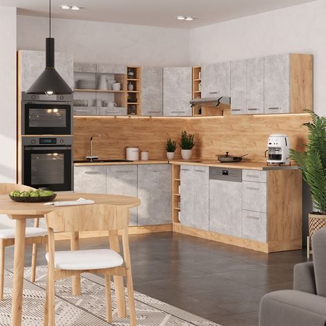 Eckküche R-Line, Beton/Goldkraft Eiche, 247 x 237 cm, AP Marmor, Vicco