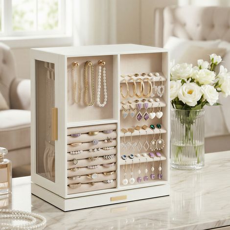 Boîte à Bijoux Rotative à 360°, Coffret de Rangement avec 5 Tiroirs, Fenêtre en Verre, Spacieux, Idée Cadeau, Blanc (1/5)