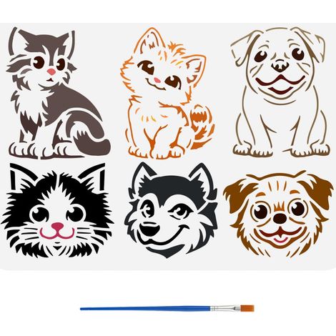 Pochoir de Peinture pour Animaux de Compagnie Avec Pinceau 21X29.7cm Modèle de Chats et de Chiens Pochoir à Motif de Tête D'Animal Creux Pochoir pour Chat et Chien de Compagnie (1/5)